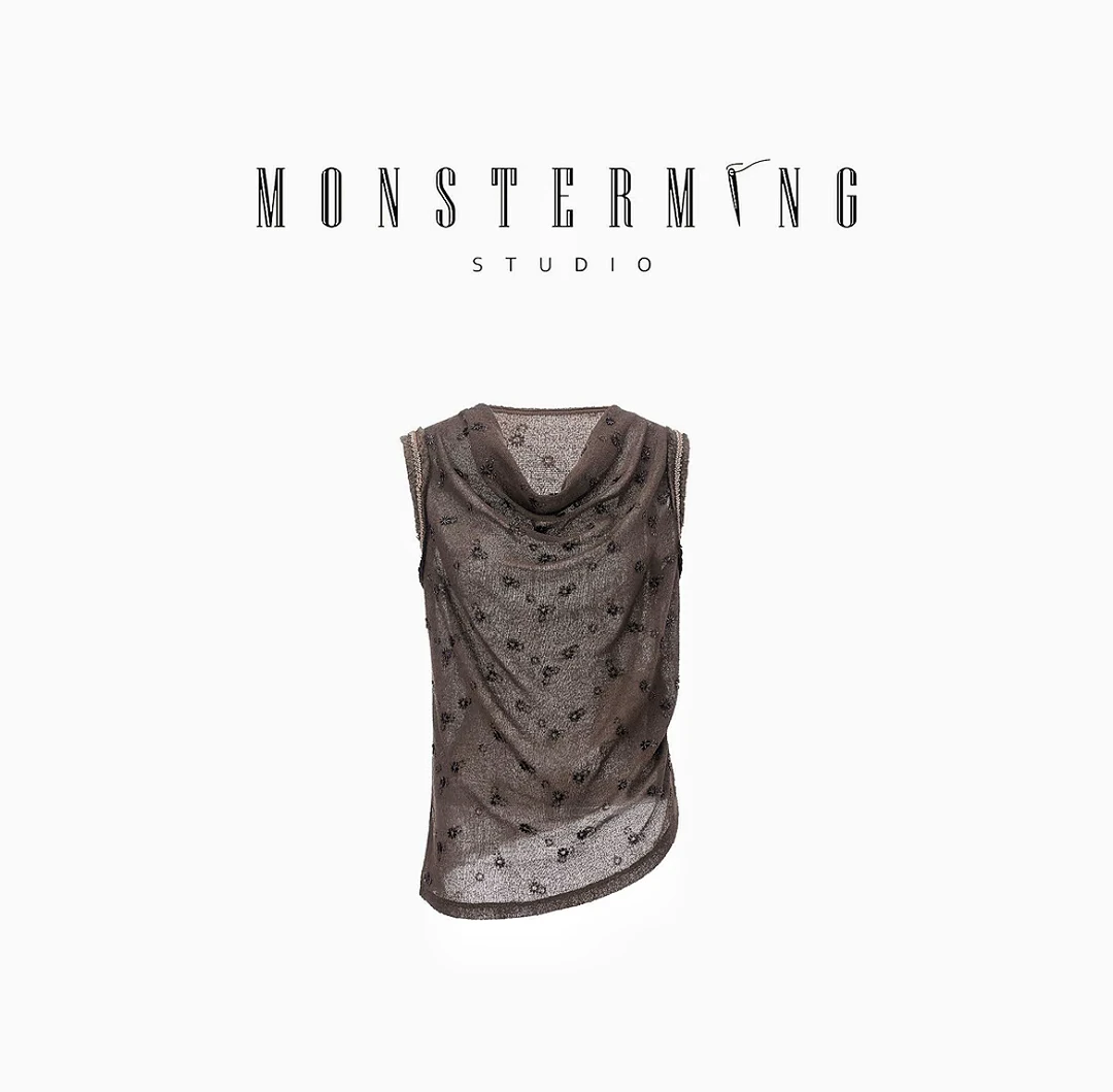 【MONSTERMING】新品春夏珠绣针织荡领上衣女夏季气质时尚打底衫