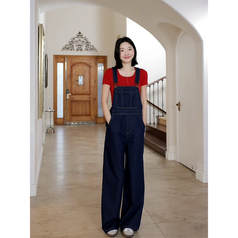 郭九九呢 棉复古显瘦牛仔背带裤U领修身百搭短袖t恤 G925Z02301