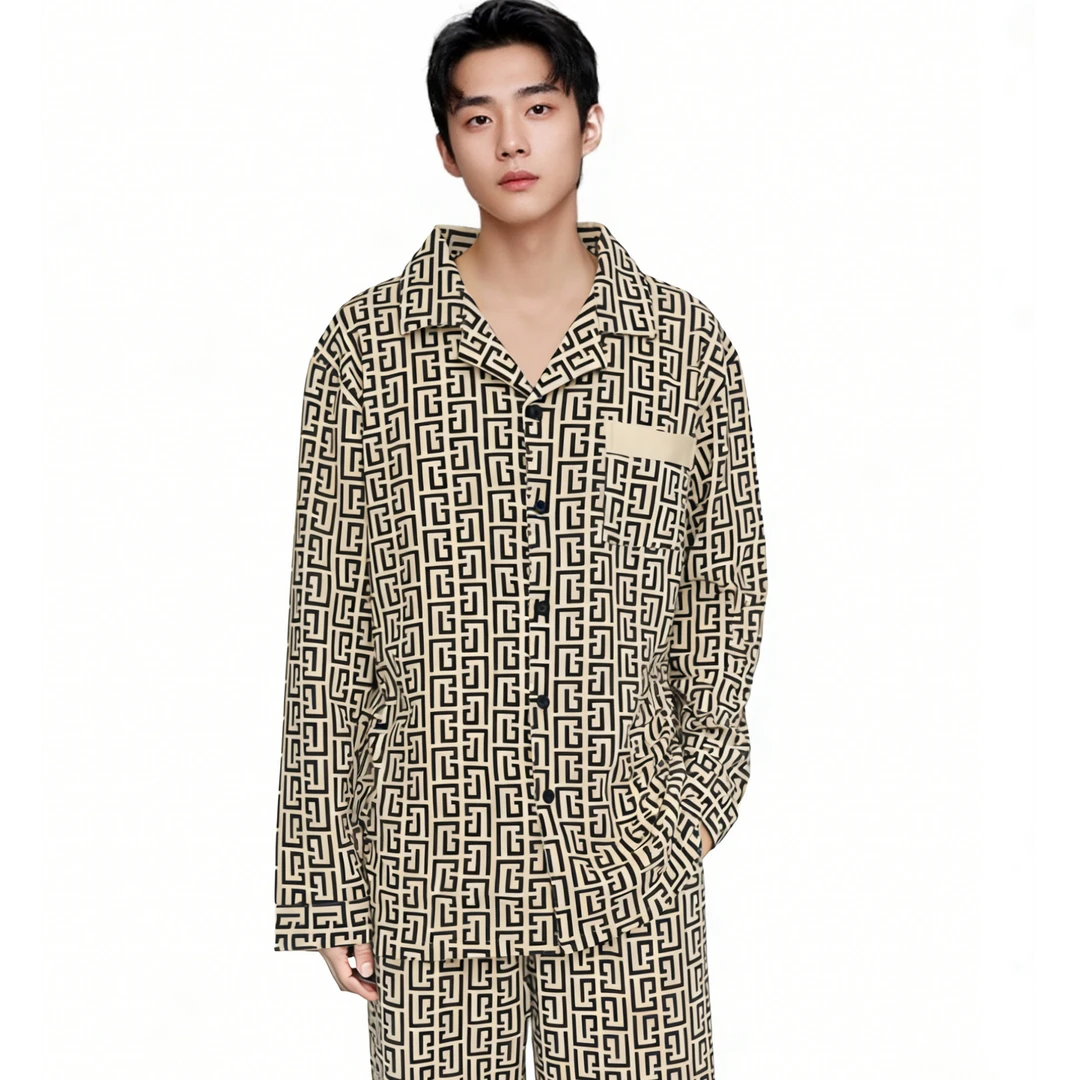 春秋新款纯棉男士睡衣时尚翻领高级感气质全棉大码家居服套装8330