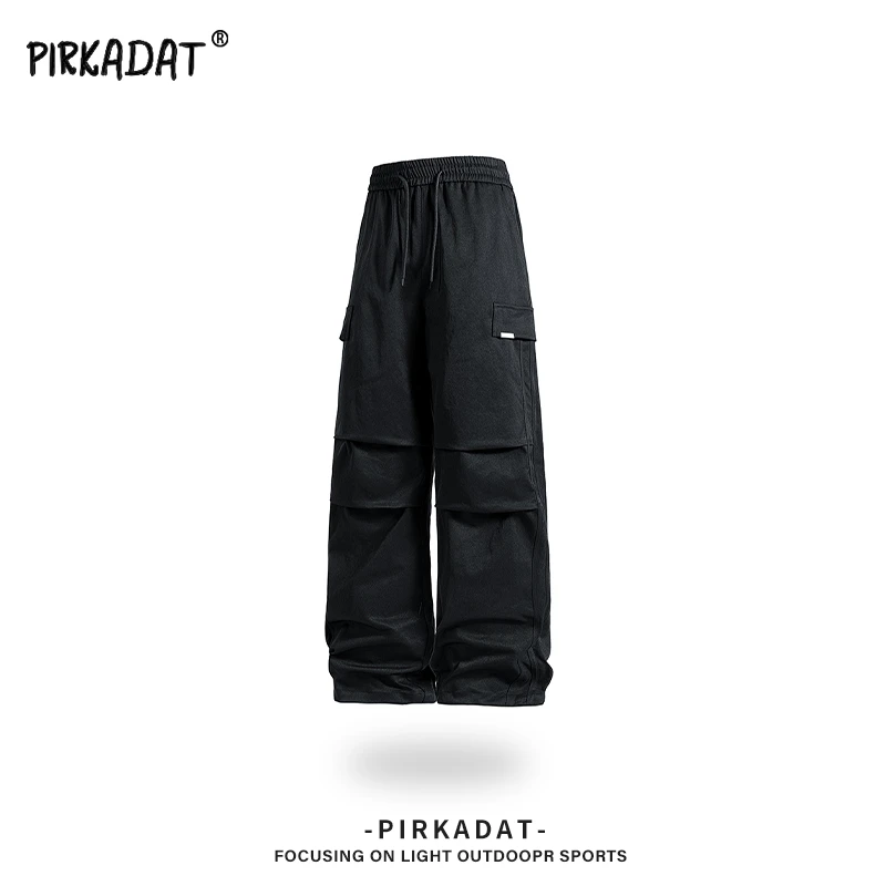 Pirkadat秋季新款褶皱直筒工装裤男美式复古潮流休闲宽松纯色裤子