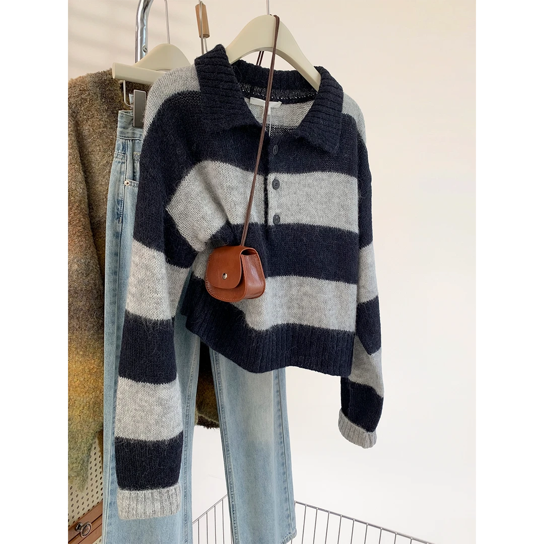 韩版条纹POLO翻领毛衣针织衫女2025春秋季复古慵懒风宽松短款上衣