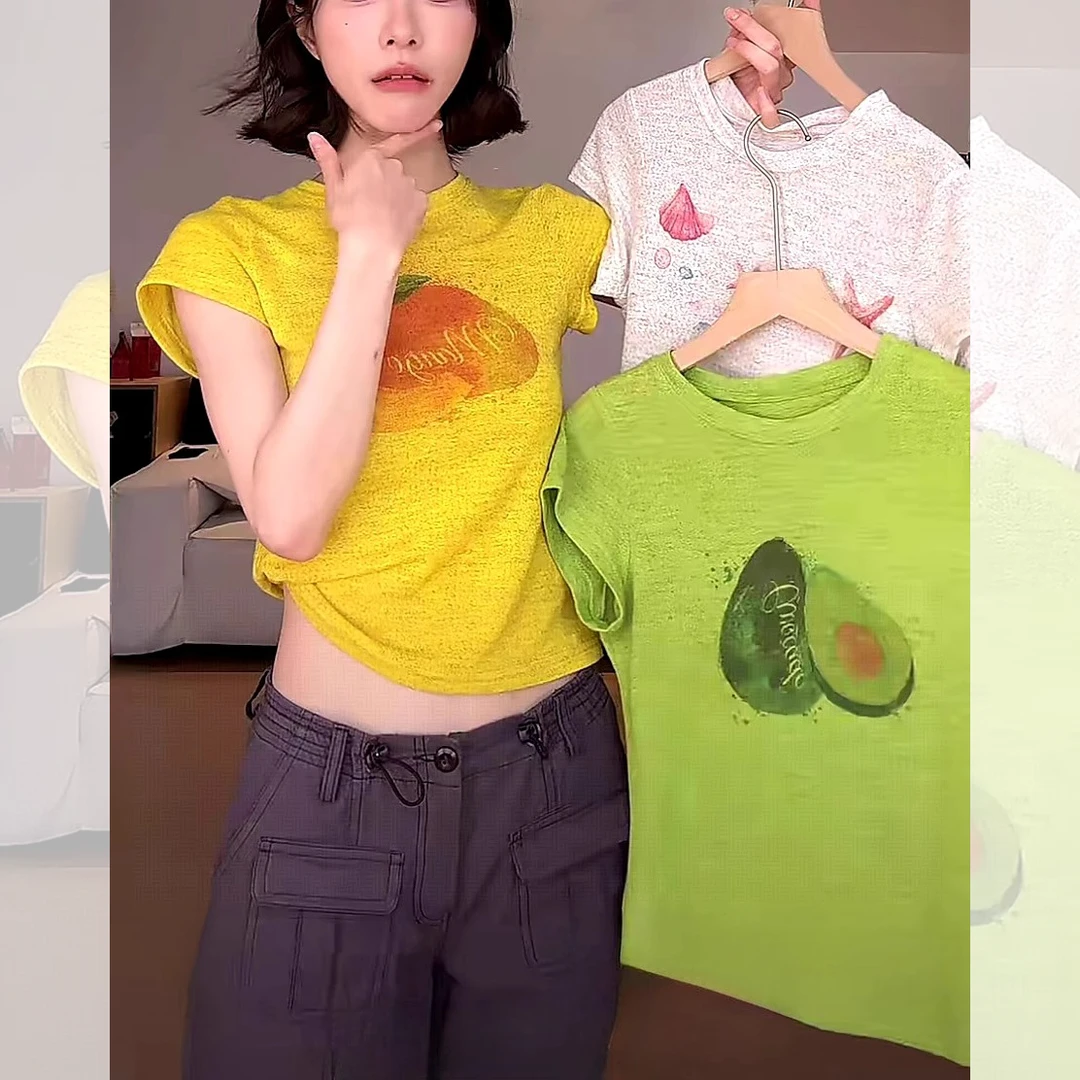 【全额运补】韩系印花修身显瘦圆领短袖T恤女2025夏季新款正肩设计