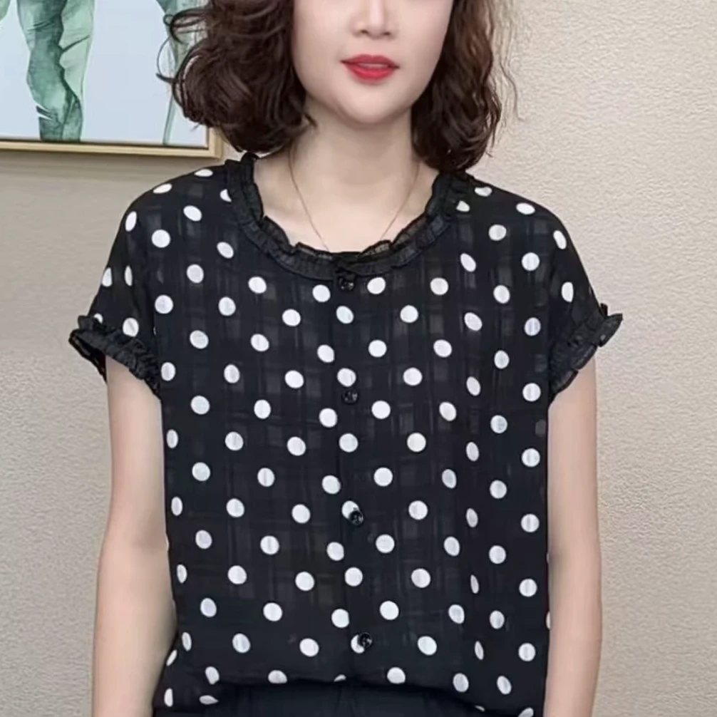 2025夏季新款时尚气质百搭减龄显瘦时尚波点圆领短袖T恤上衣#0133