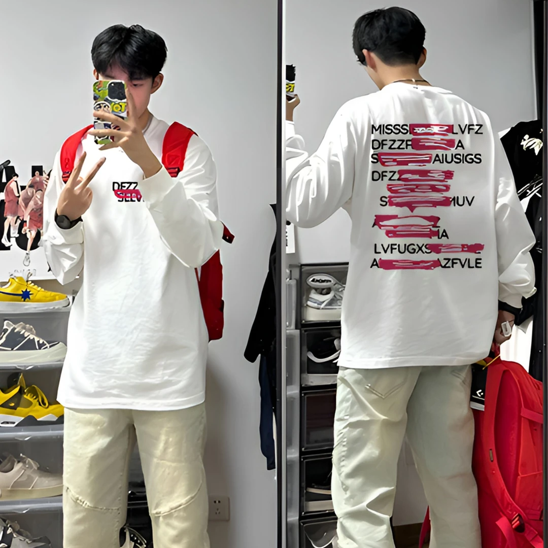 美式潮牌小众高级感印花长袖T恤男秋季高街纯棉重磅白色打底上衣