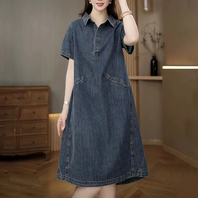 夏季新款复古做旧牛仔连衣裙遮肉显瘦口袋宽松大码翻领中长款裙子