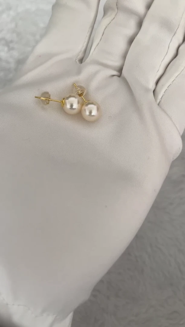 银S925镶嵌海水珍珠耳钉AK羽皇金素钉8-8.5mm