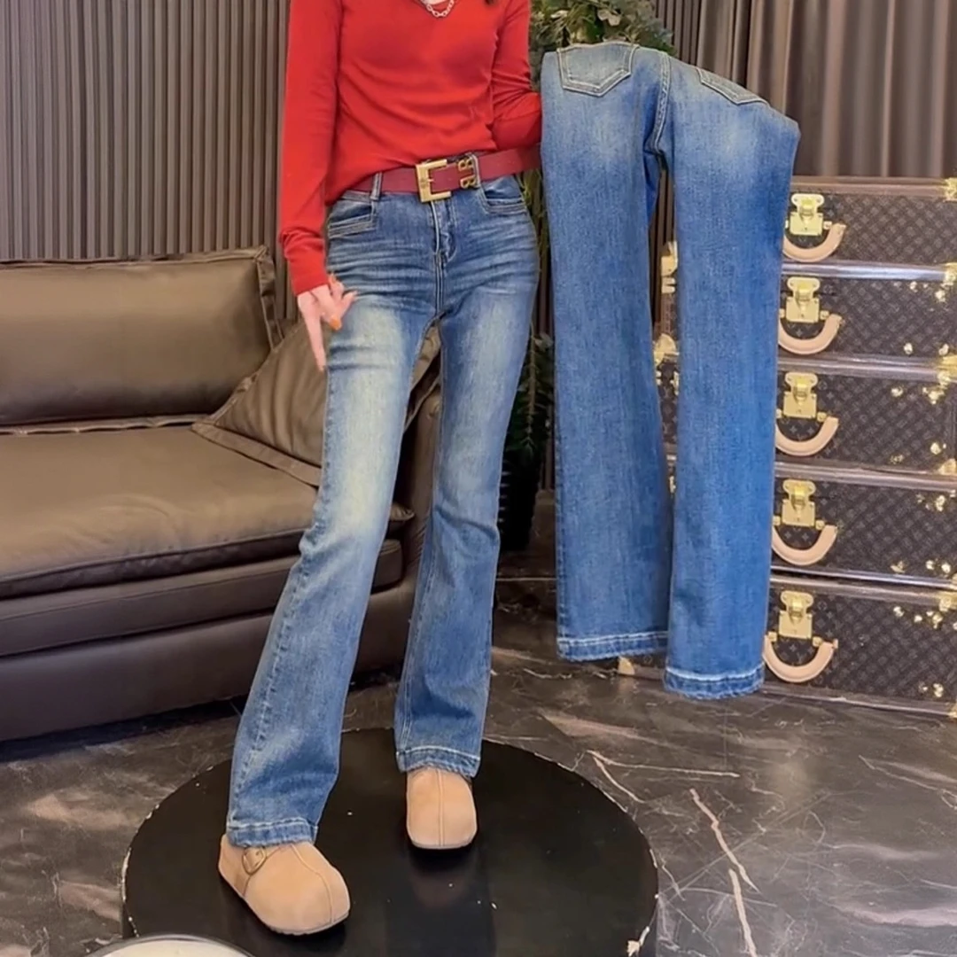 2026年春秋季新款高腰微喇牛仔裤女修身显瘦蓝色直筒时尚女装长裤