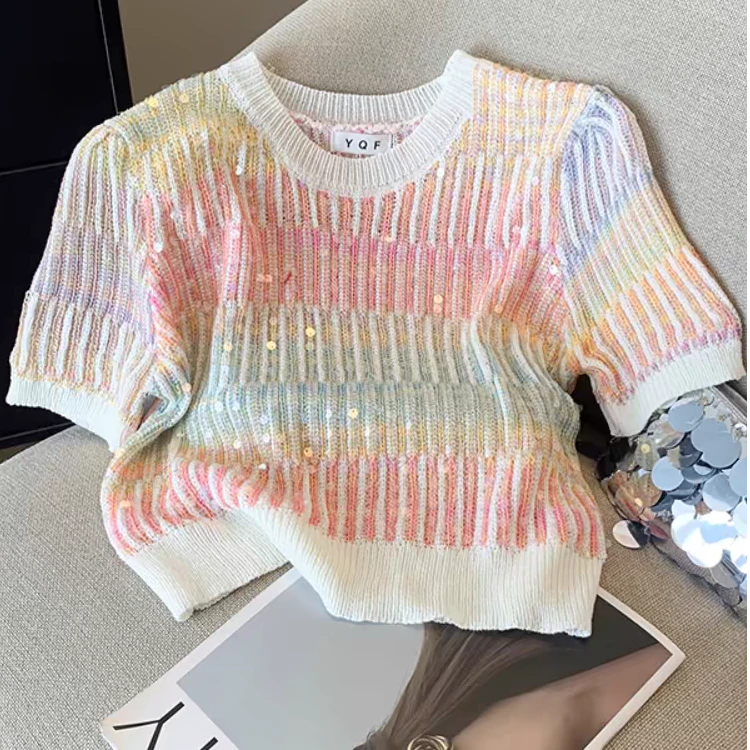 301-350夏季新款甜辣妹短袖冰丝设计感针织衫女t恤短款