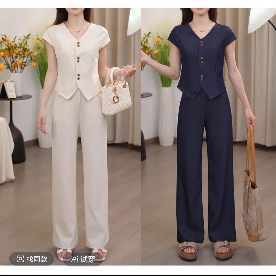 小个子松弛感马甲套装女2025夏季新款高腰阔腿九分长裤