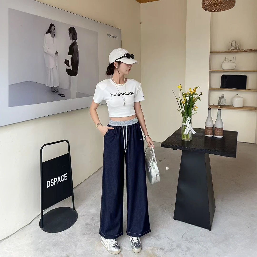 丹宁色天丝牛仔阔腿裤重工刺绣款2025夏季新款五一旅游出街衣服