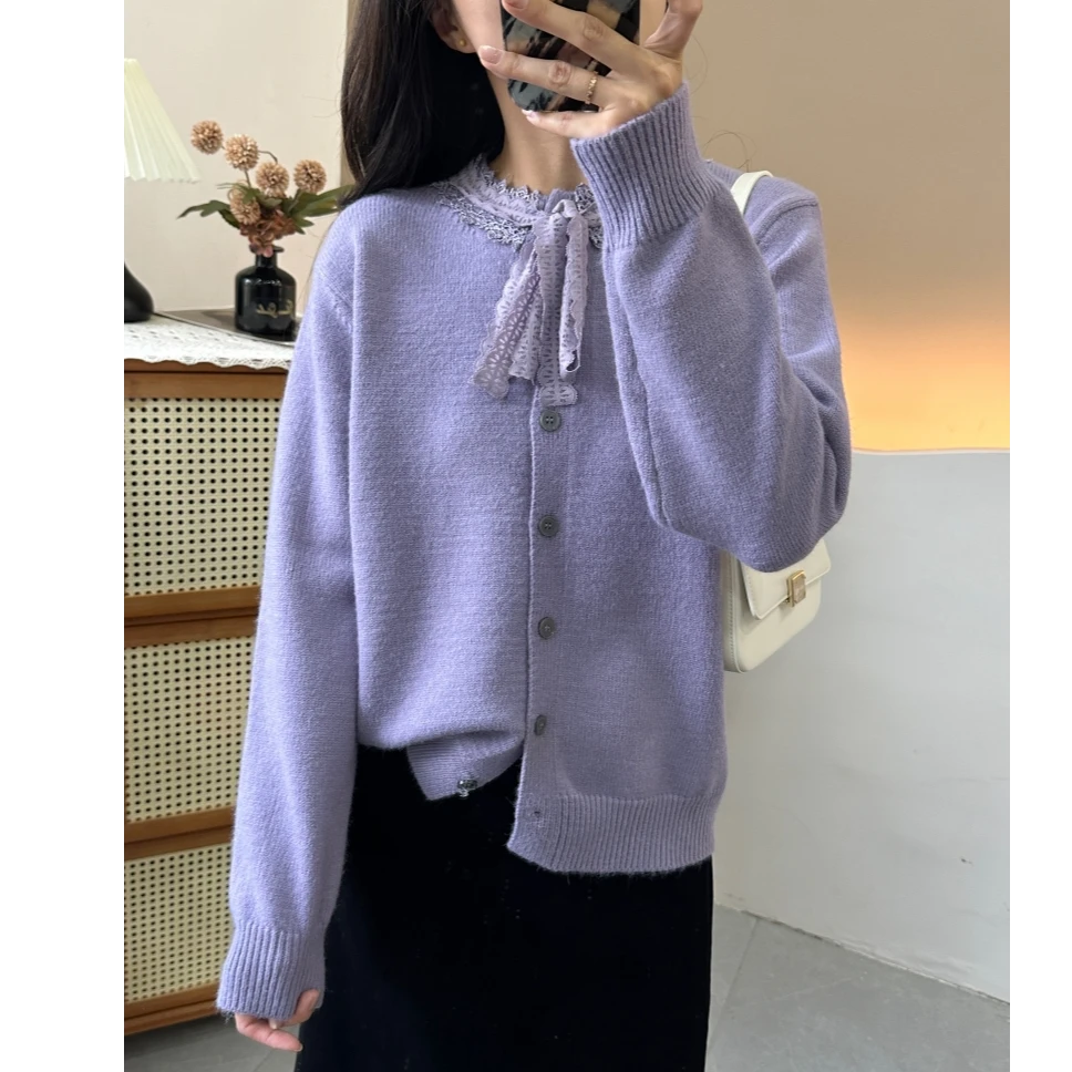 法式蕾丝边系带圆领针织开衫韩系温柔感宽松慵懒秋洋气外套厚
