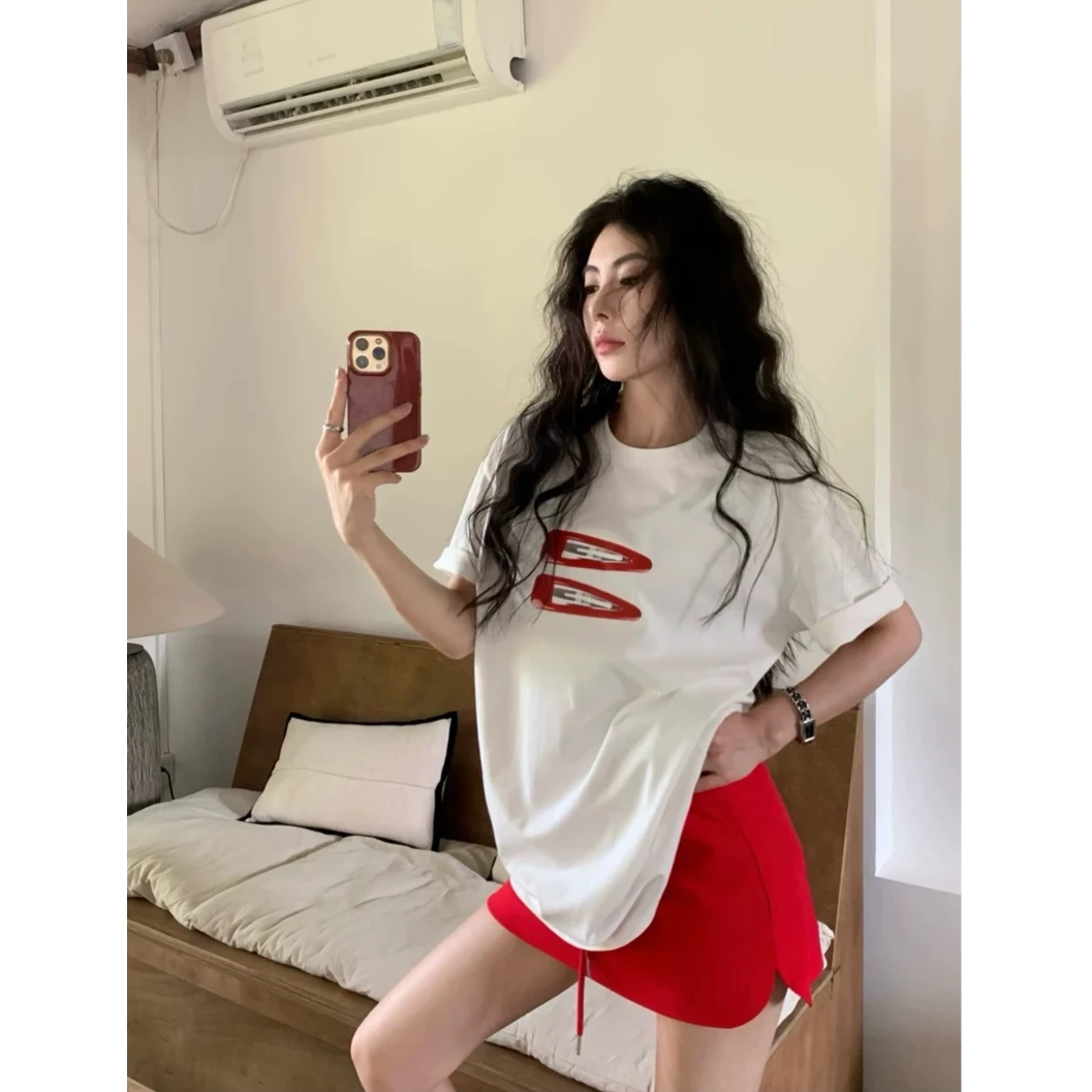 2025新款设计感印花白色女装夏季韩系休闲宽松中长款小众短袖T恤