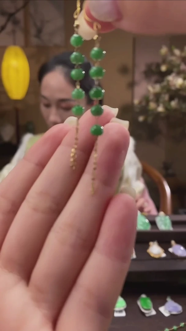 吊坠(不含链)18K金镶嵌翡翠算盘珠耳钩