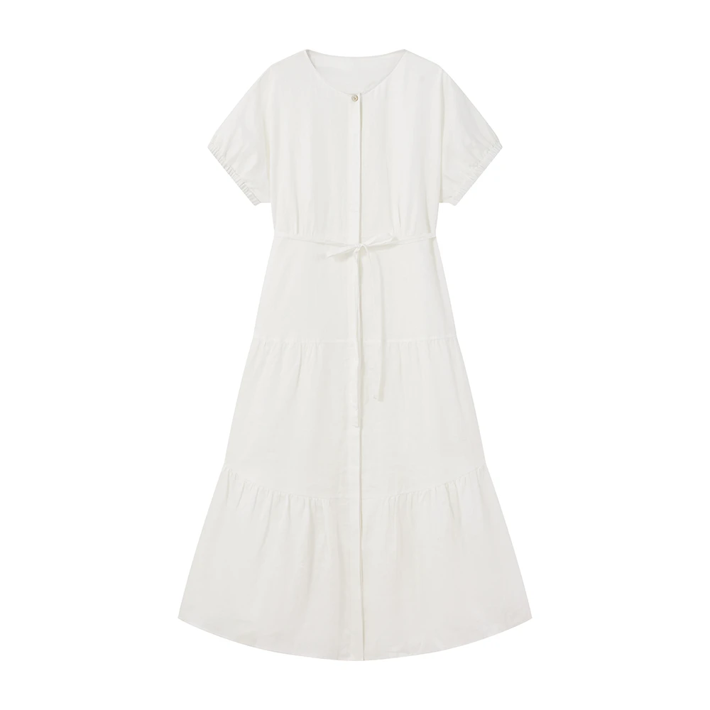 2025夏季新款女士禅茶亚麻白色圆领纯亚麻连衣裙开合门襟塔裙