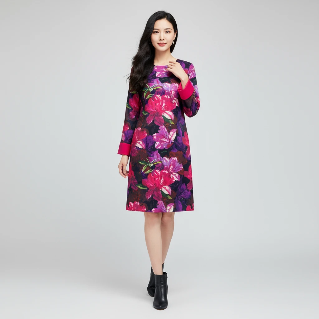 轻奢印花连衣裙高端大气上档次中长款长袖连衣裙女款爆款2025新款