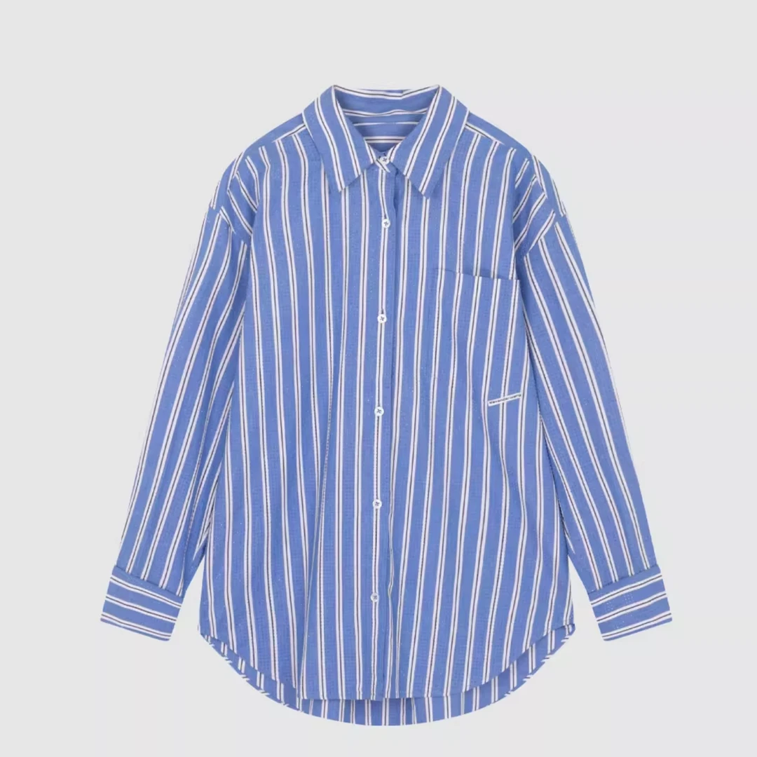 现货ALEXANDER WANG大王条纹翻领纽扣女休闲衬衫1WC2232443428