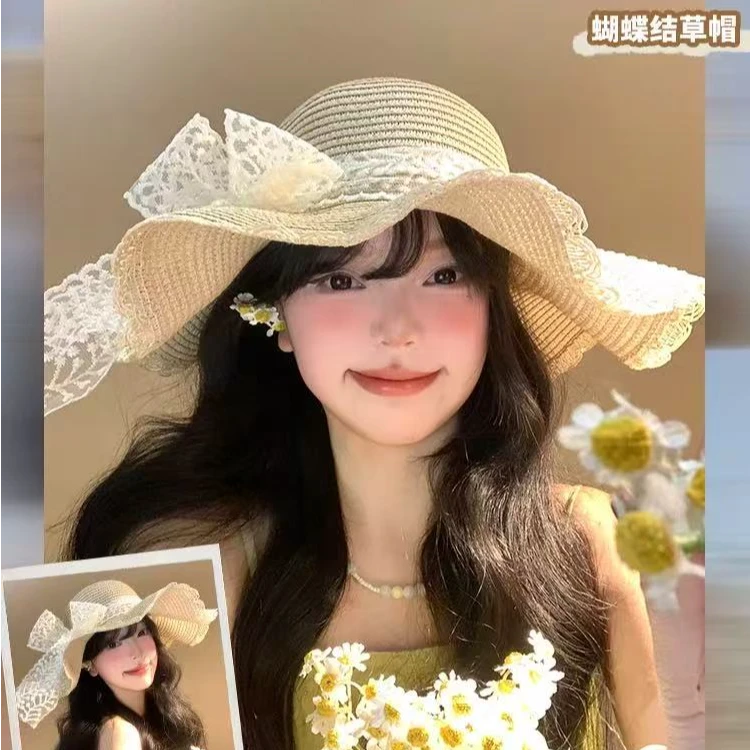 法式蕾丝蝴蝶结草帽女夏海边沙滩波浪边大帽檐太阳帽遮阳防晒帽子