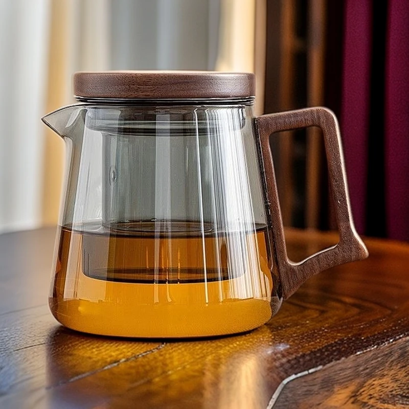 茶水分离耐高温家用泡茶壶办公室三件杯胡桃木把手泡茶杯