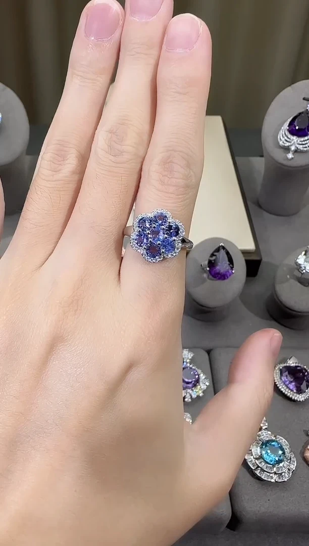 银S925镶嵌戒指坦桑石11mm戒指繁花设计款