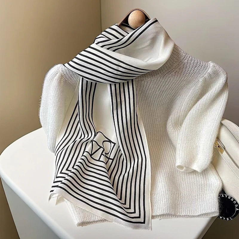 上海故事字母线条140*35cm桑蚕丝双绉长条真丝丝巾夏季防晒披肩女