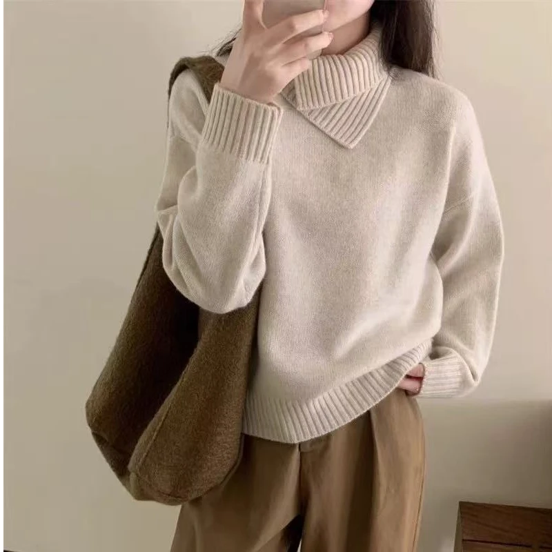 新款轻奢澳洲羊毛针织打底衫韩版时尚围巾领加厚羊毛衫女百搭毛衣