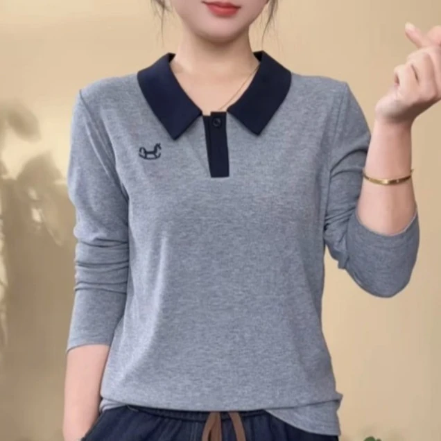 春秋妈妈装翻领显瘦时尚大码衬衫减龄休闲宽松舒适T恤打底衫上衣
