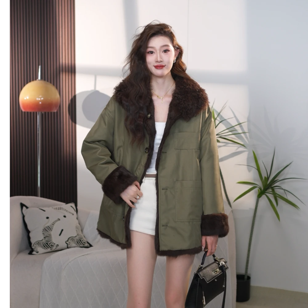 派克服女短款款翻毛领一衣2穿冬季新款毛毛外套大衣时尚百搭-2058