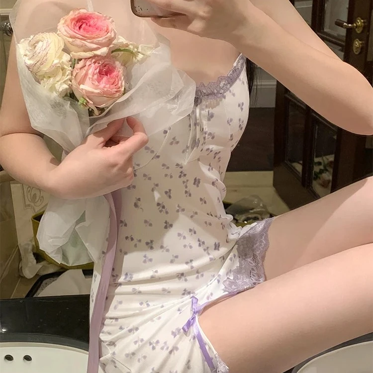 新品日韩甜美纯欲蕾丝边吊带睡裙睡衣带胸垫修身显瘦穿连衣裙气质