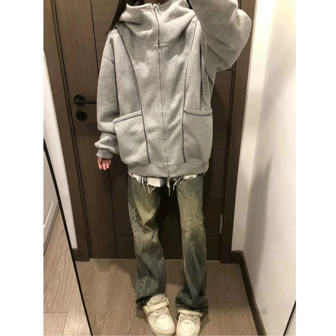 美式宽松重磅半高领开衫卫衣女男春秋季潮牌明辑线廓形连帽衫外套