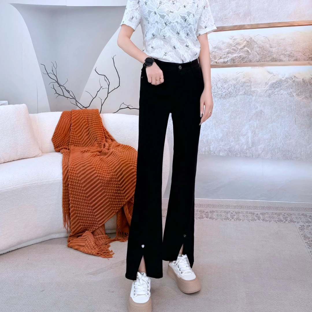 夏季水洗中腰长裤高腰牛仔裤气质显瘦喇叭裤裤子休闲韩版3XMH0350