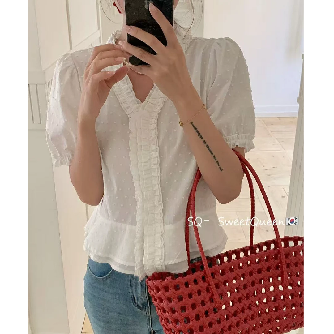 2025夏季新款韩系甜美V领木耳边小衫显瘦小个子荷叶边衬衫上衣