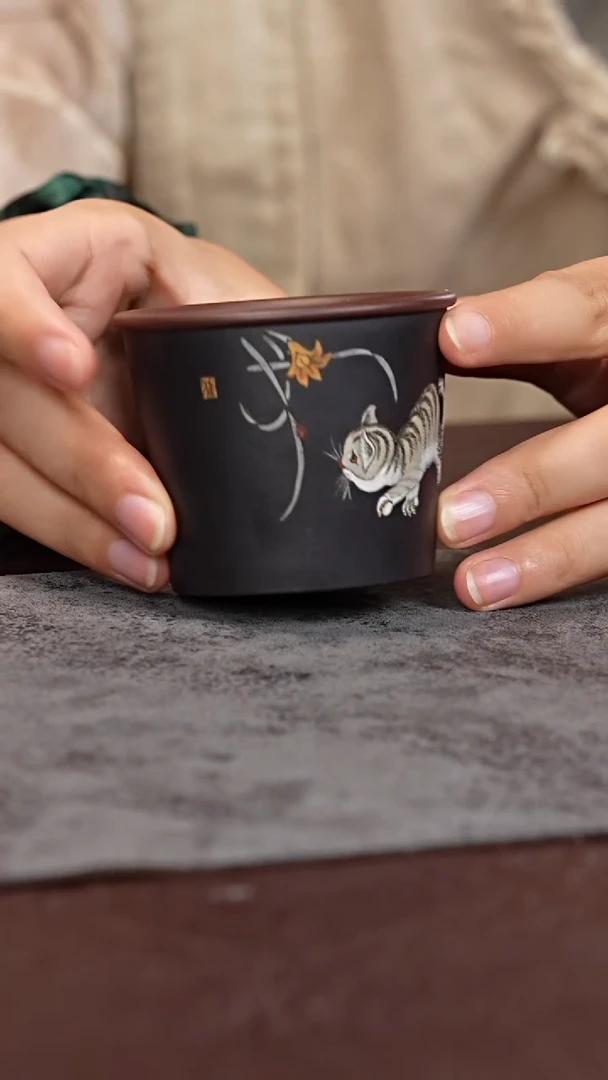 茶杯紫砂泥绘 小猫