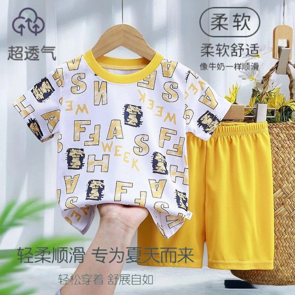 夏季网眼速干短袖套装中大童短袖T恤男童透气短裤小孩两件套童装