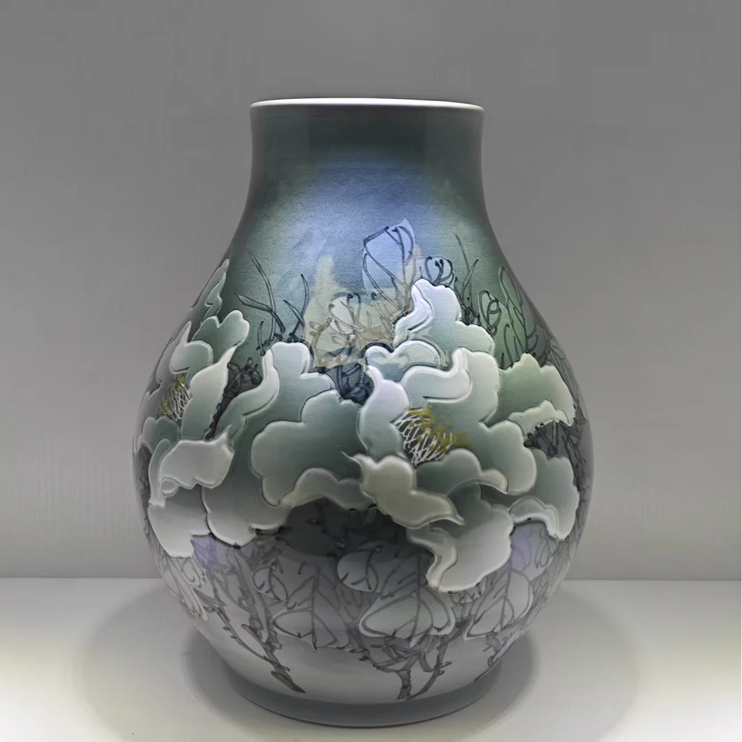 景德镇墨彩花开富贵福筒樽瓶