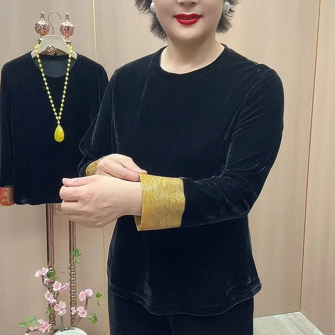 M#5197衫衣长60-66中老年女装妈妈装时尚百搭国风丝绒衫