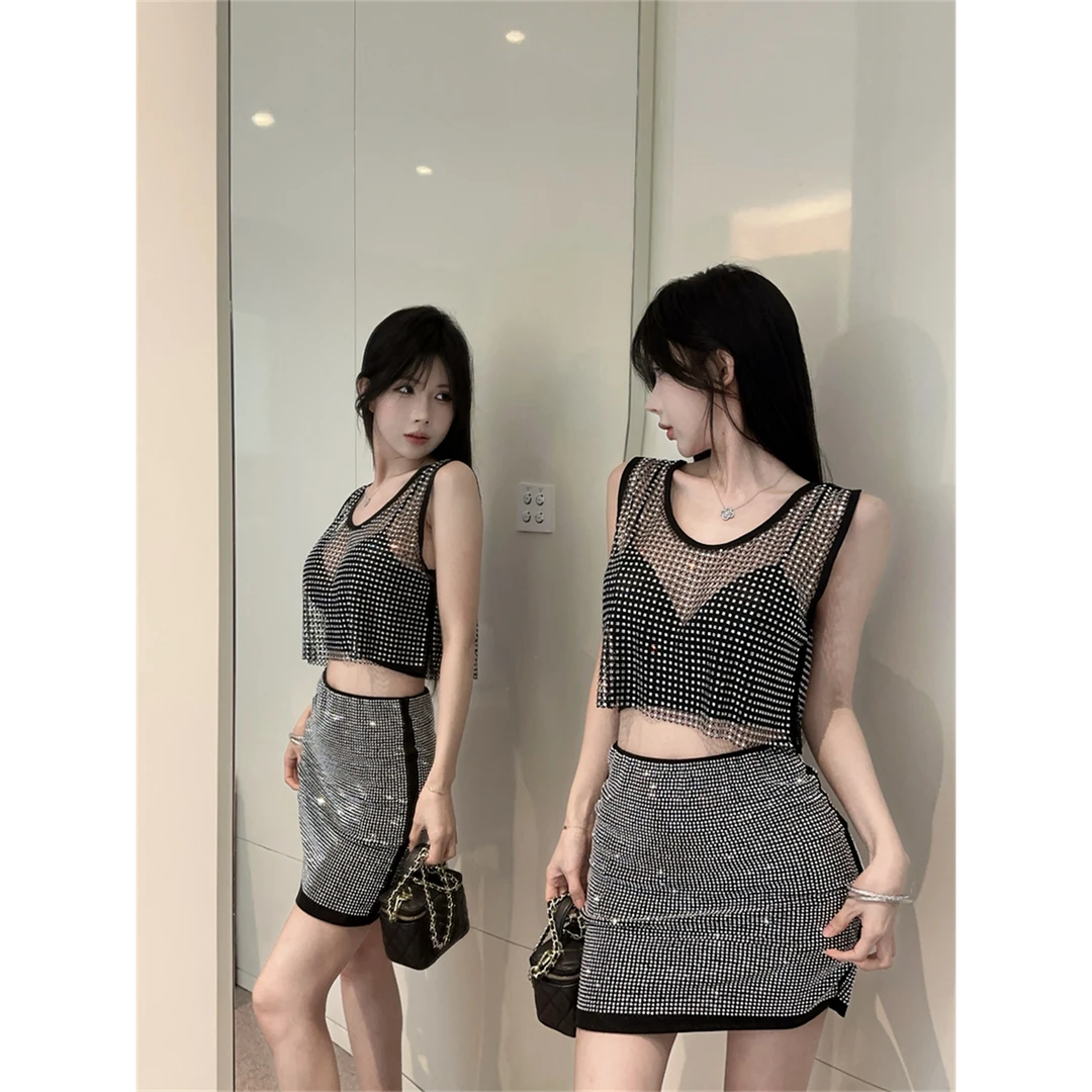 时尚辣妹风蕾丝钉珠背心内搭裹胸套装女百搭高腰亮闪闪短裙三件套