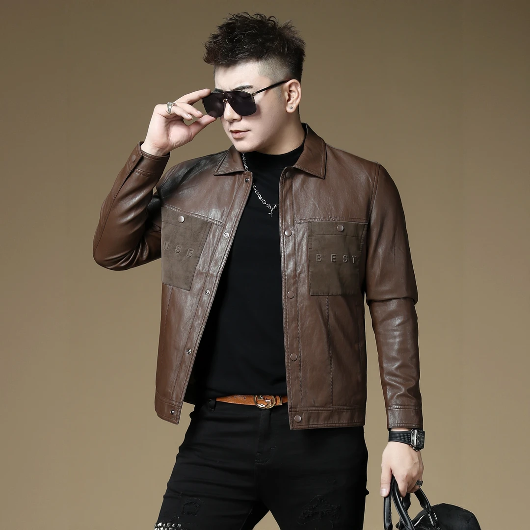 法尔利格轻奢男秋冬拼接皮衣夹克男装潮牌高端机车服短款翻领外套