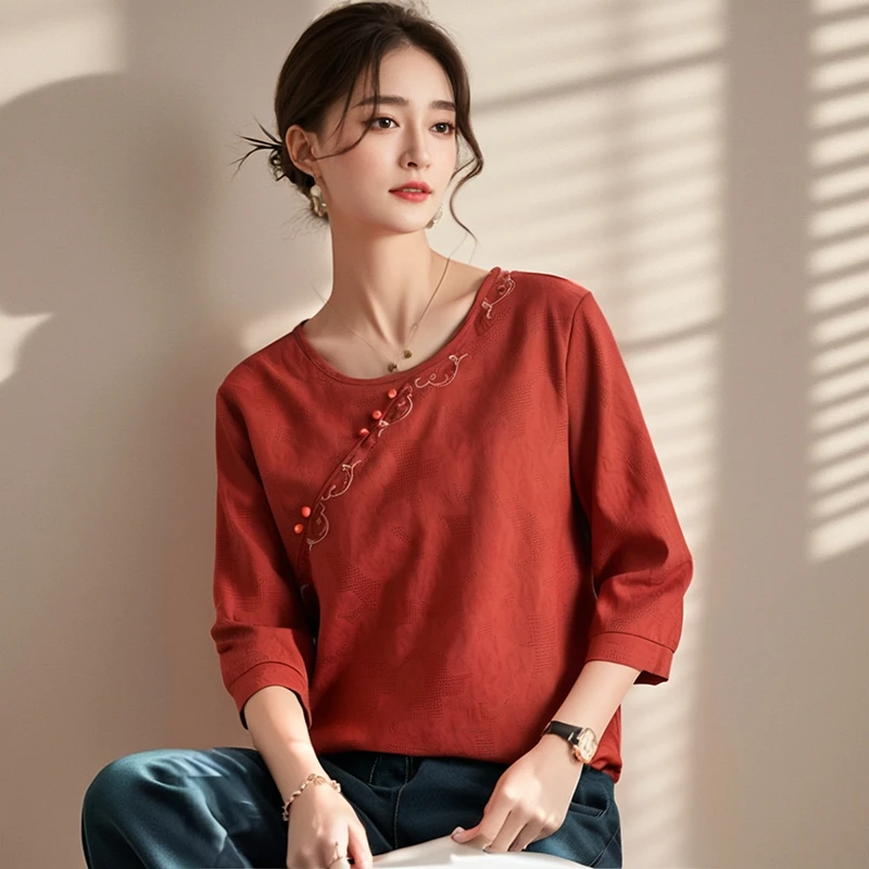 【崔万志优选】新中式纯棉圆领五分袖复古文艺简约气质衬衫女上衣