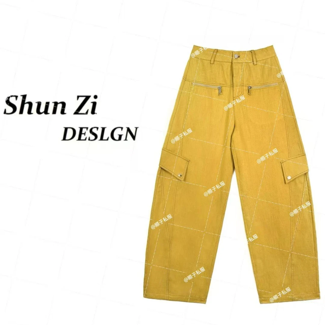 顺子/SZ7027-1 【小黄裤】夏季时尚复古亚麻天.丝拼接拉链弯刀裤