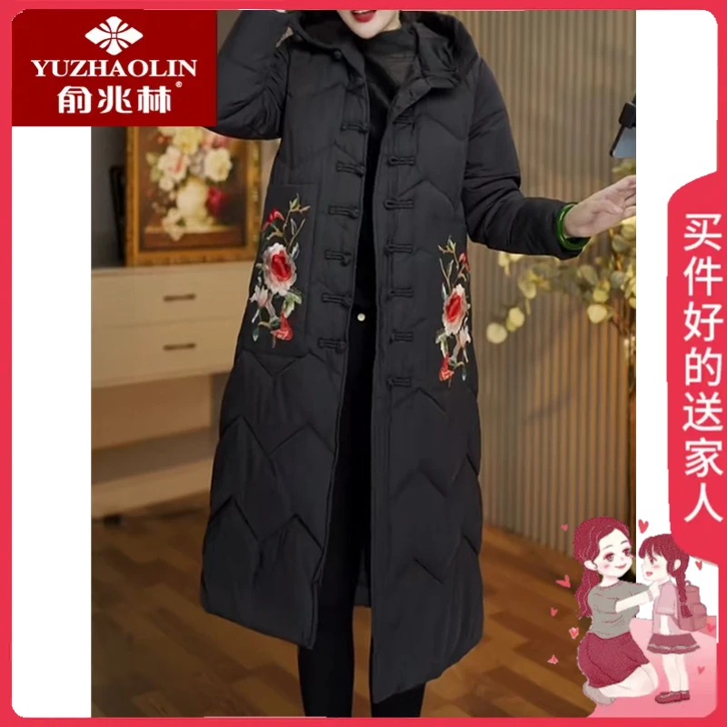 冬款民族风刺绣加棉连帽过膝棉服G中年妈妈洋气大码复古加厚外套