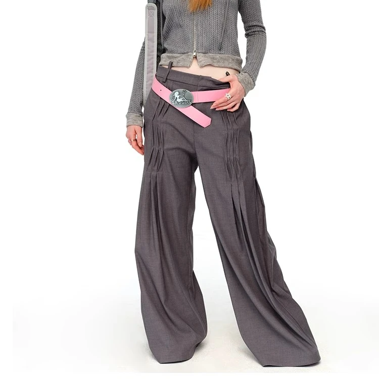 Next Passport 灰色飒打褶工艺腰部系绳低腰宽松复古风拖地裤