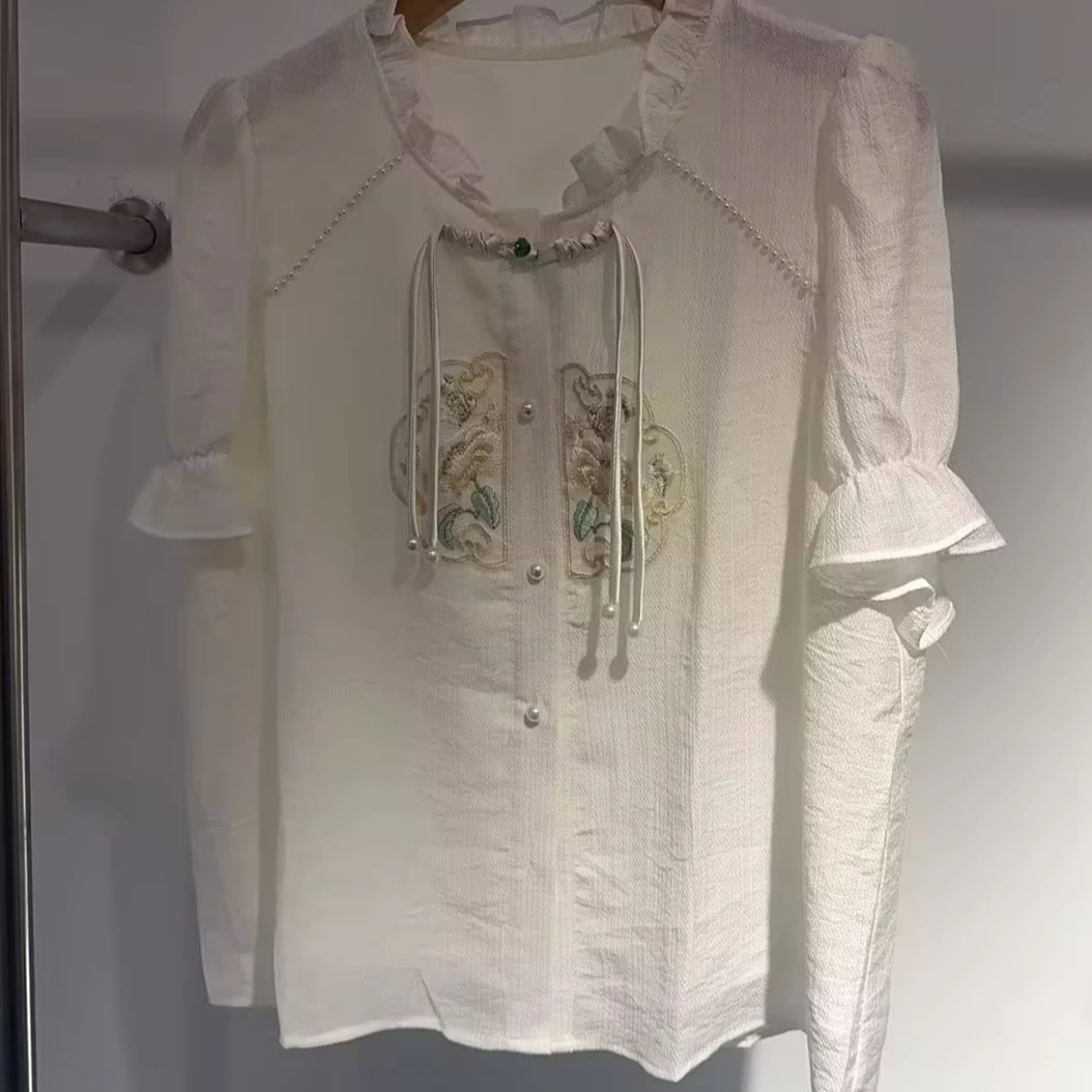 YS422359连衣裙刺绣格纹上衣女士常规短袖夏季衬衣衬衫新中式