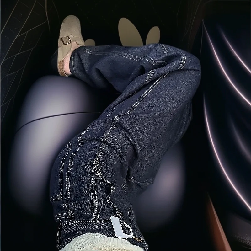 丹宁蓝高腰拼接窄版阔腿牛仔裤女2025春季宽松显瘦垂感拖地裤