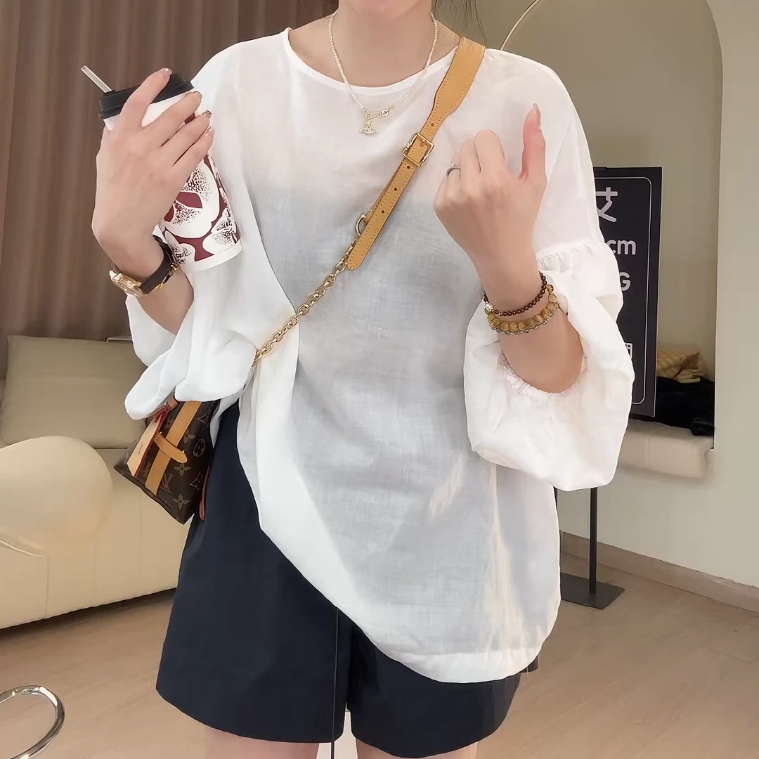 【云雾栀子】夏季新款慵懒圆领落肩灯笼袖美背系带套头衫LK2505058