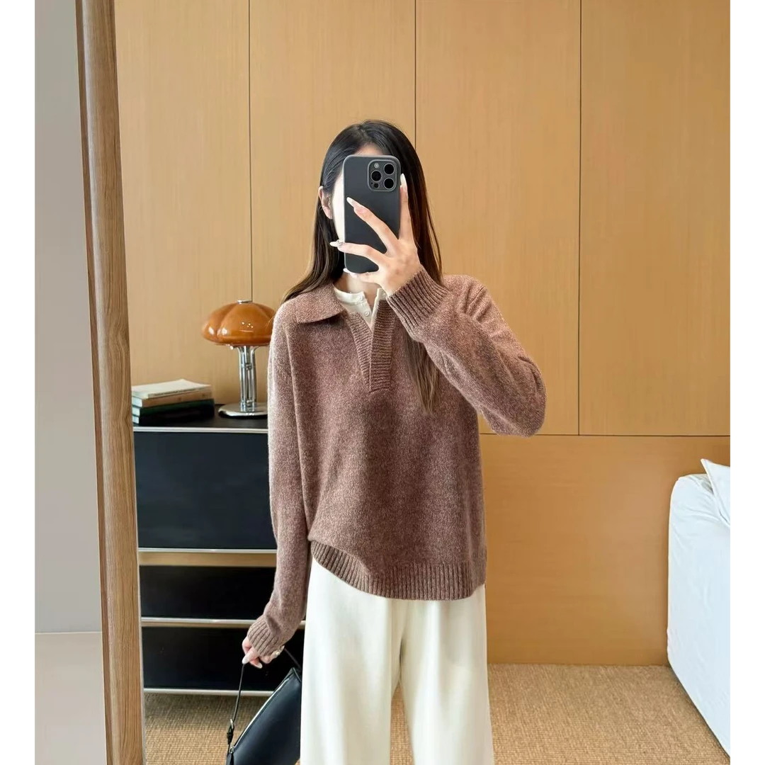 LB-84125POLO衫翻领毛衣假两件上衣女冬