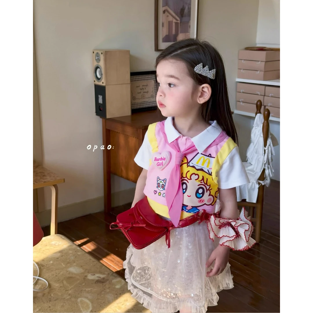 儿童多巴胺配色美少女卡通印花纯棉短袖女宝甜美可爱系粉色T恤