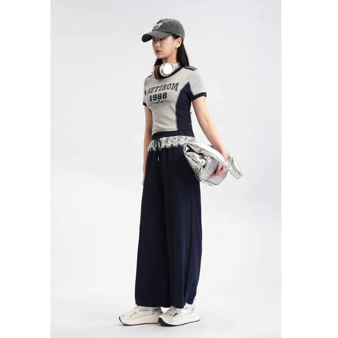 西町村屋蕾丝拼接休闲阔腿裤女装夏季新款文艺宽松裤子XHAB10260