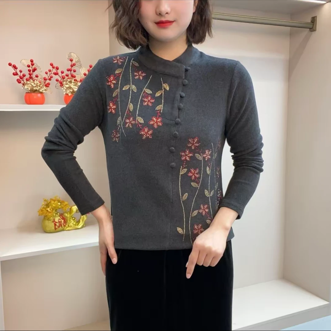 冬季新款双面绒通勤风立领刺绣花朵长袖T恤洋气减龄显瘦遮肉上衣