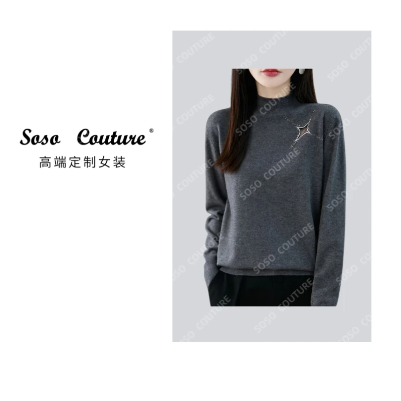 秋冬新款显瘦半高领镂空破洞网纱镶钻打底女