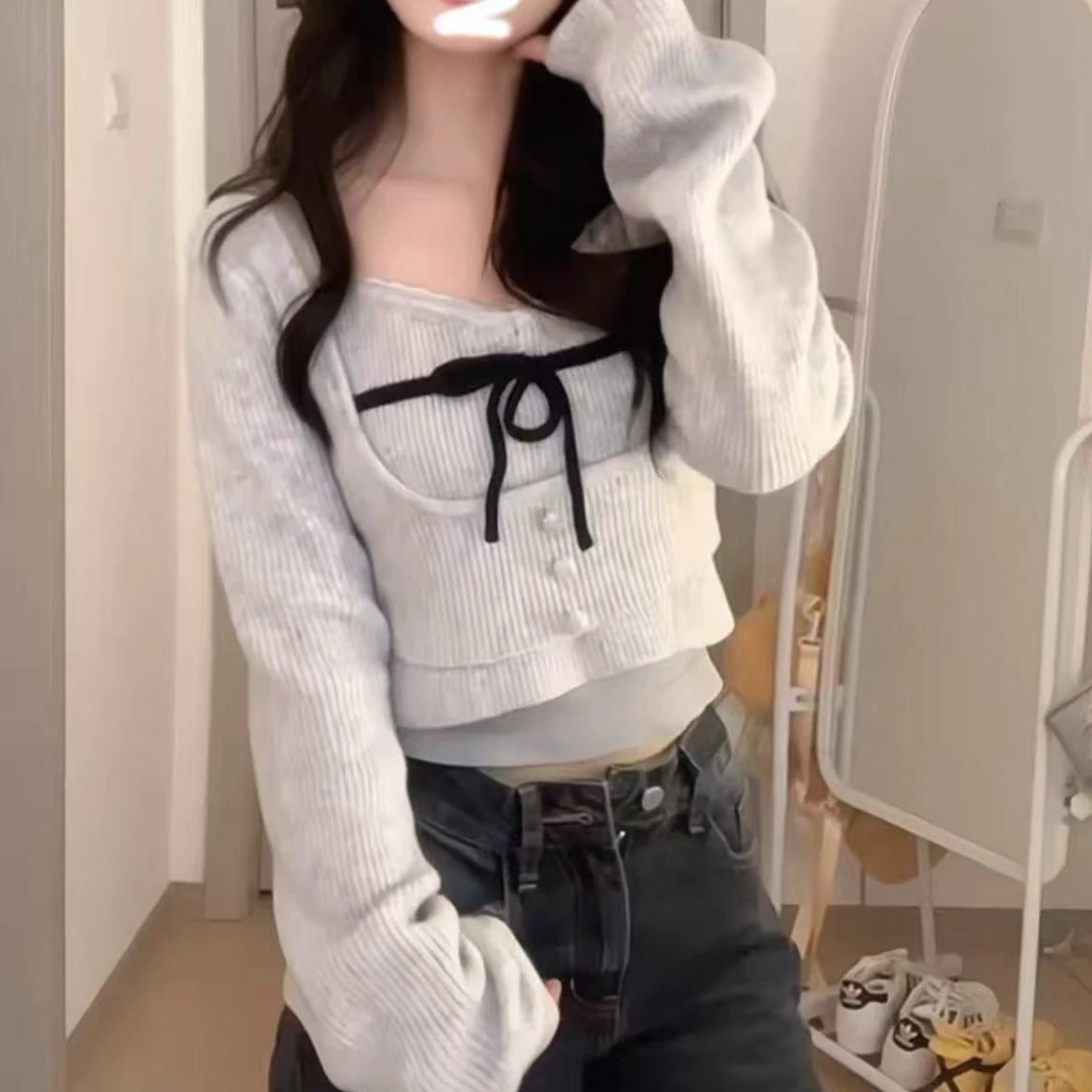 婷婷家两件套洋气独特别致针织长袖吊带上衣女秋冬高级感打底衫
